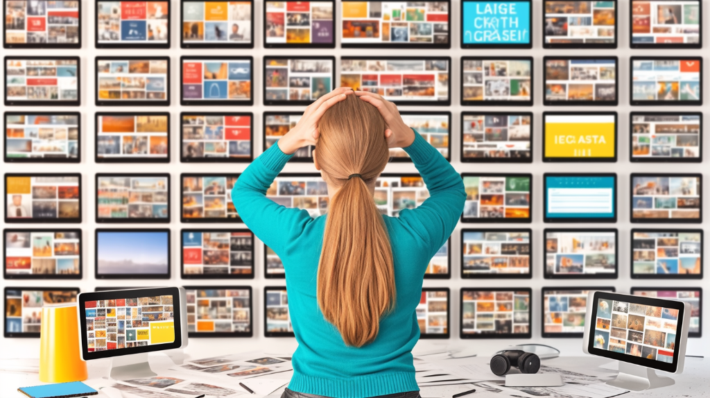 Person overwhelmed by many screens showing similar visuals